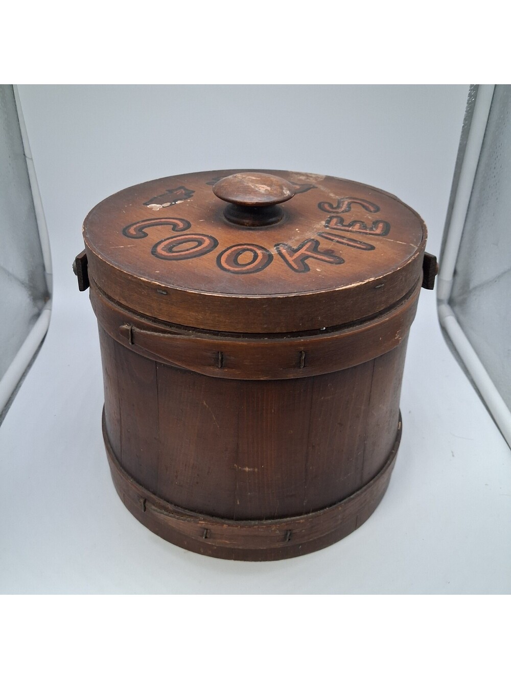 Vintage Wooden Cookie Jar Bentwood Stave Barrel Canister Lid Cookies Rustic